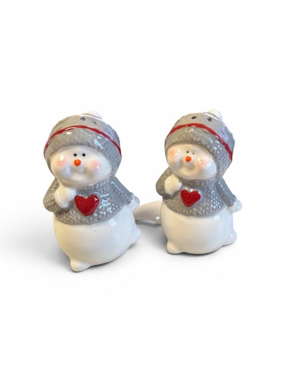 Ceramic Snowman Salt & Pepper Shaker Set With Heart Accents - Winter Holiday Kit